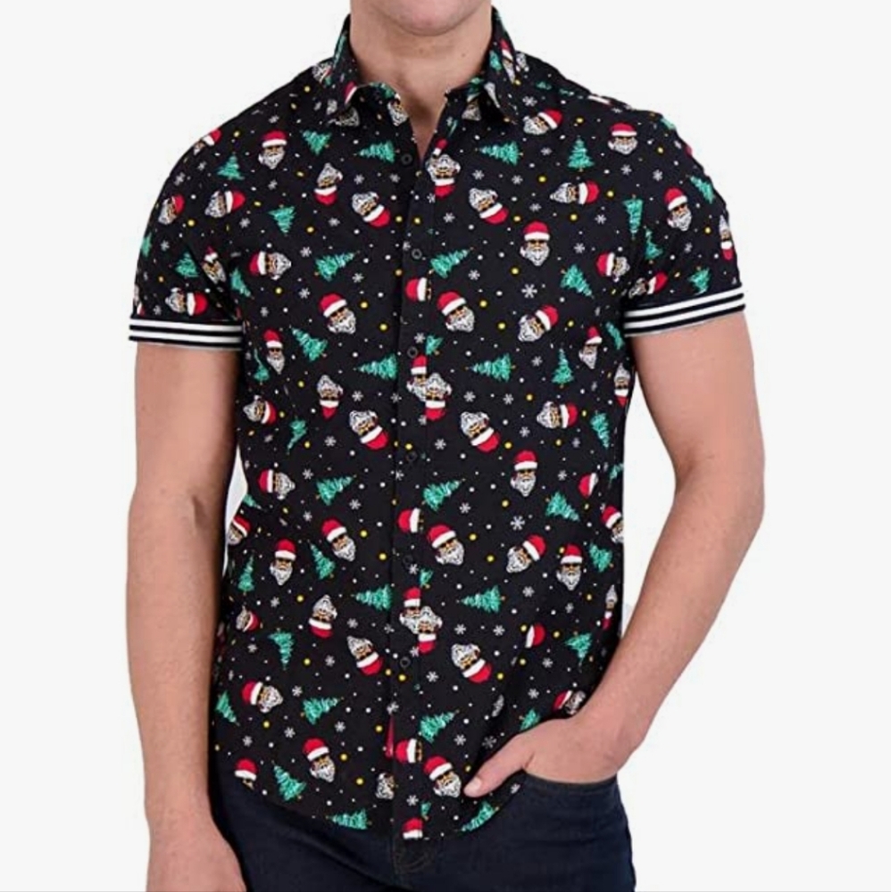 Denim & Flower Men's Santa Holiday Print Short Sleeve Button Down Shirt …